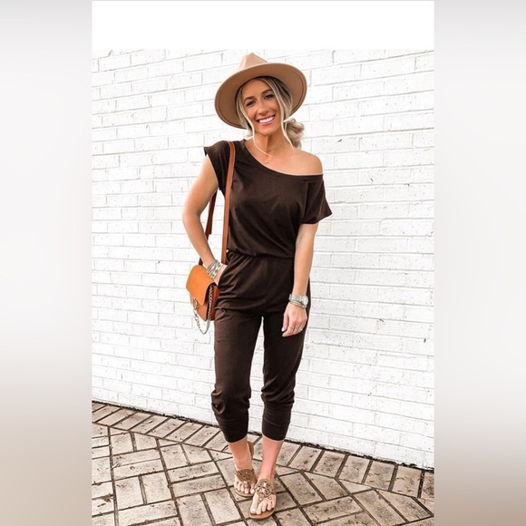 PRETTYGARDEN Loose Solid Off Shoulder Elastic Waist Stretchy Long Jumpsuit - Picture 2 of 5